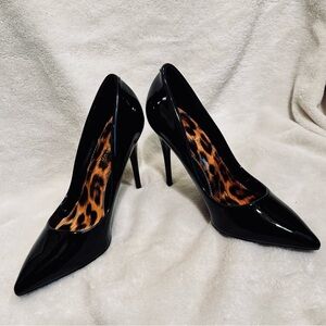 Azalea Wang Black Patent Pointed High Heels with Leopard-Print Interior